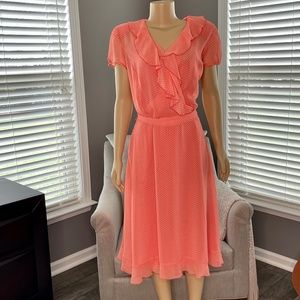 MSK Short Sleeve Ruffle Front Polka Dot Dress with slip Size 14 NWOT